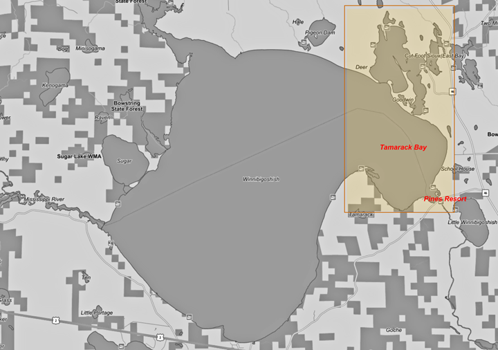 image of map highlighting Tamarack Bay on Lake Winnie