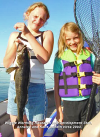 image of Annalee and Katie Sundin with wiggle worm walleye