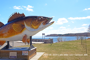 image of walleye statue overlooking lake mille lacs.