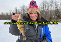 image of the hippie chick with big perch caught near grand rapids