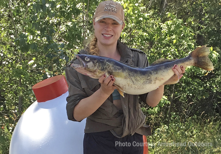 image of woman holding big walleye caught near Ely MN