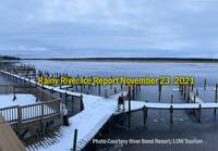 image of ice formed around the docks at River Bend Resort on the Rainy River