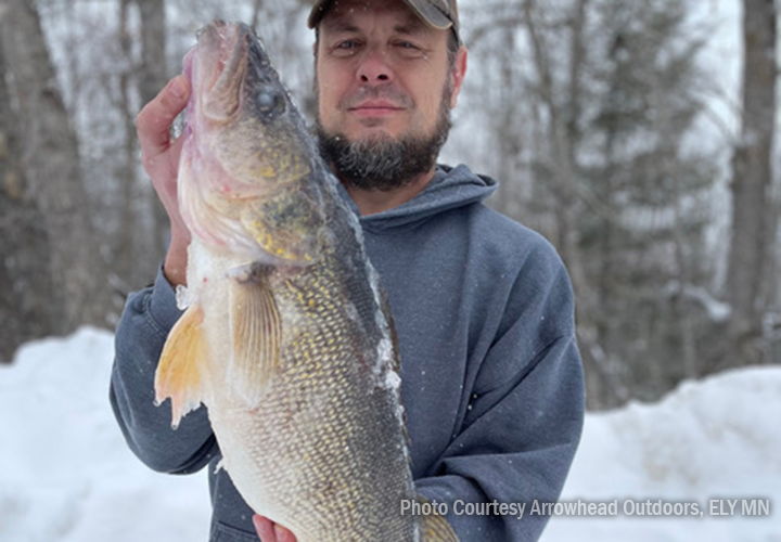 image of ice fisherman with big walleye caught in the Ely MN region