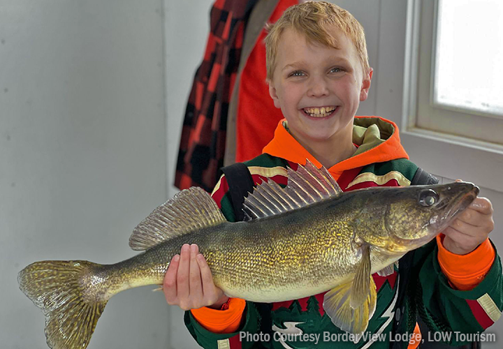 image of young ice fisherman holding big walleye caught on lake of the woods