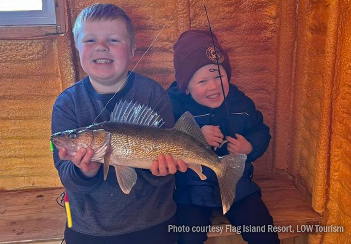 image of 2 boys in an ice fishing shelter holding nice walleye caught in the nortwest angle