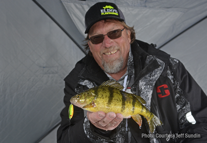 image of Steve Kusske holding big perch on ice fishing trip