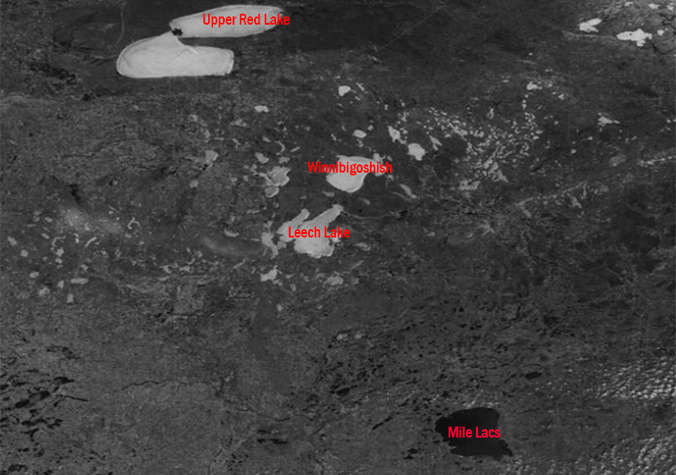 Satellite image of minnesota lakes showing ice cover