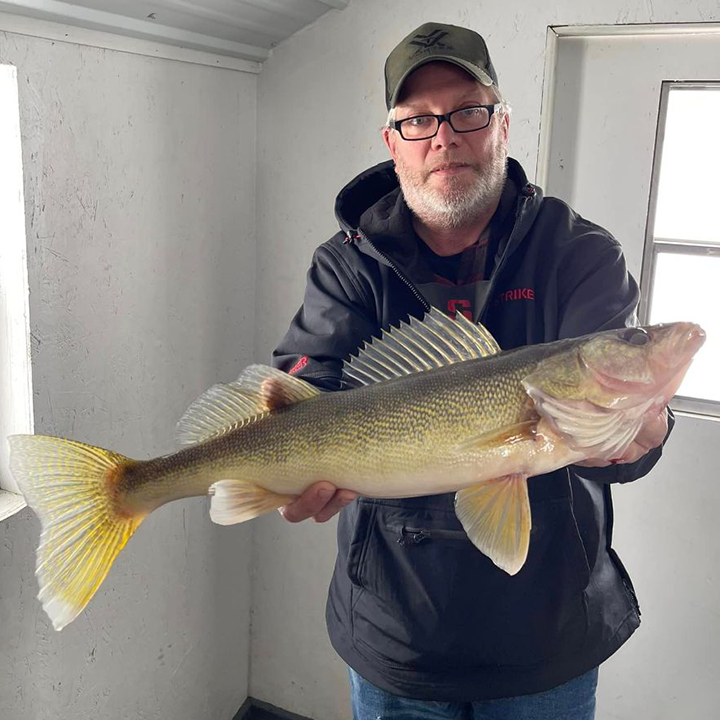image of ice fisherman holding big walleye caught on lake of the woods