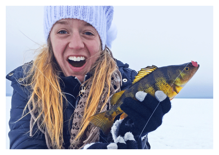 image of girl holding big perch caught on Bowstring Lake