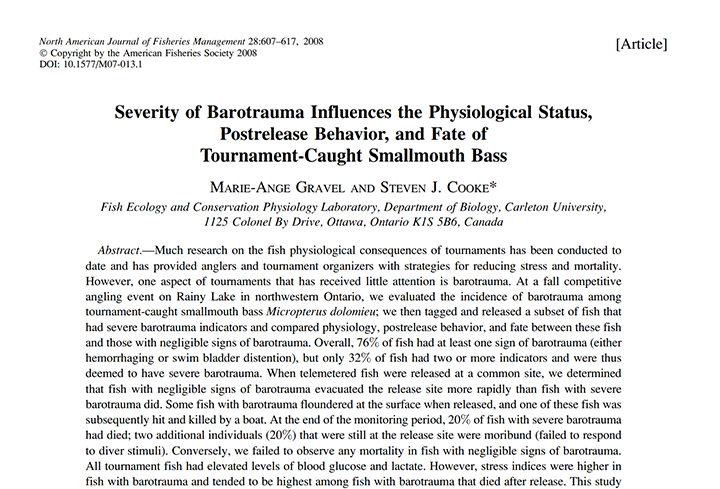 image links to fisheries management study Severity of Barotrauma Influences ther Physiological Status, Postrelease Behavior, and Fate of Tournament-Caught Smallmouth Bass