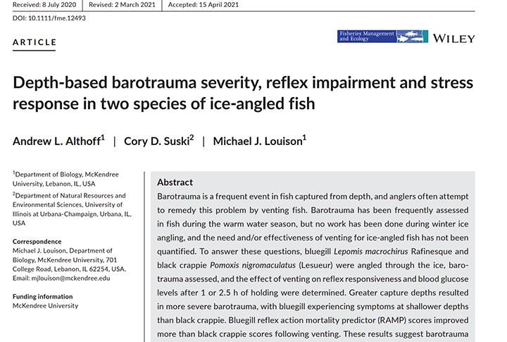 image links to fishing study about barotrauma Depth Based Barotrauma Severity, Reflex Impairment and Stress Response In Two Species of Ice-Angled Fish 