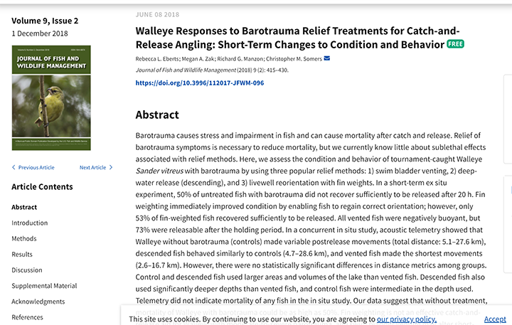 image links to fish biology study Walleye Responses to Barotrauma Relief Treatments for Catch-and-Release Angling: Short-Term Changes to Condition and Behavior