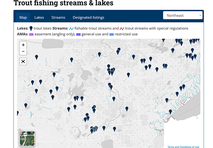 image links to map of Minnesota trout streams and lakes