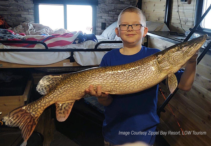 image of young boy holding huge northern pike caught in Zippel Bay