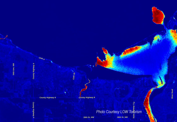 image of map showing open water areas on the south end of lake of the woods