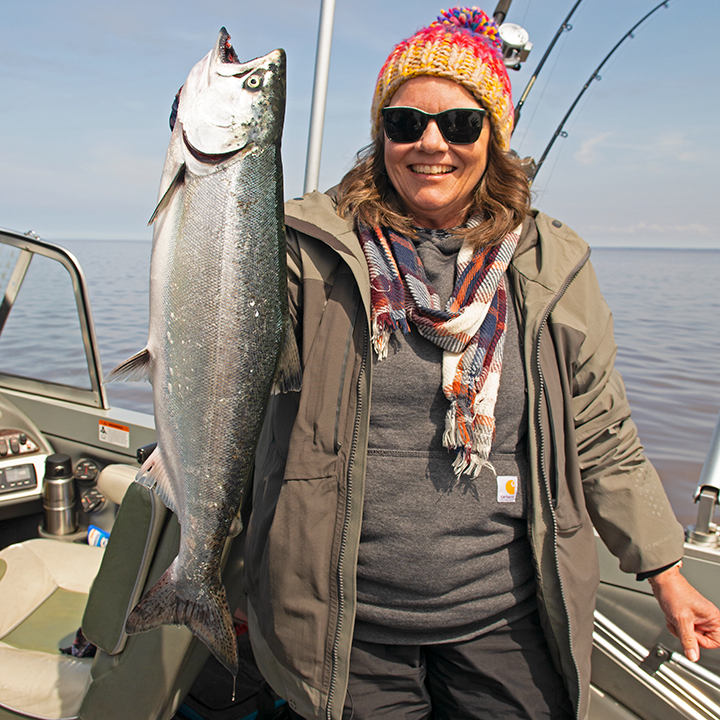 image of the Hippie Chick with nice King Salmon caught on Lake Superior