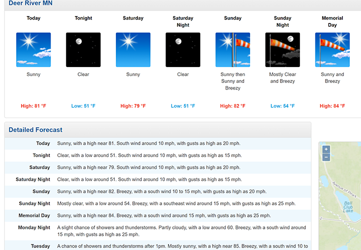 image links to NOAA weather forecast for Deer River mn