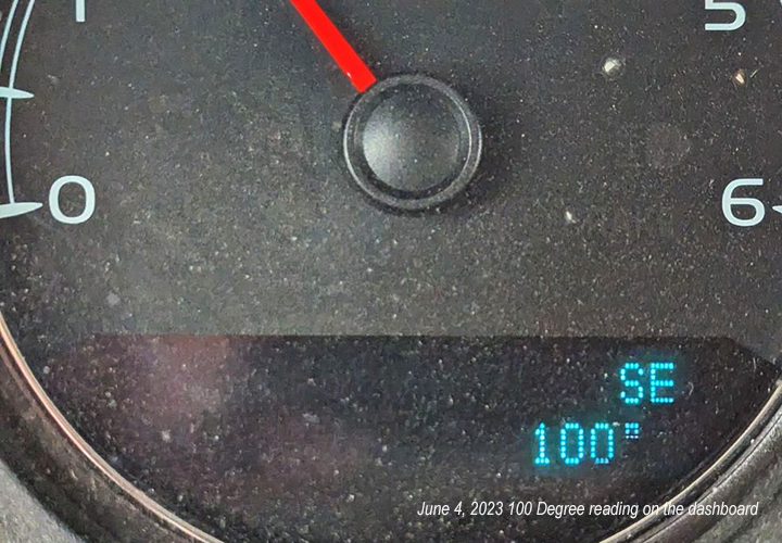 image of the 100 degree temperature reading in Jeff Sundins truck