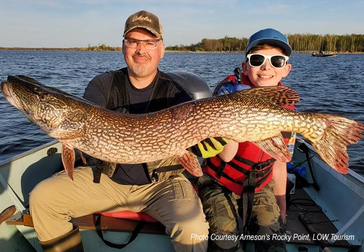 image of father and son holding giant northern pike caught on lake of the woods