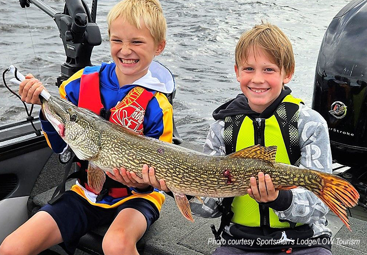 image of 2 young boys holding and sharing credit for a large northern pike caught on lake of the woods