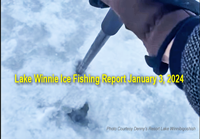image of ice angler checking conditions on lake Winnie