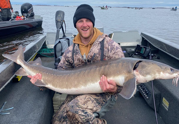 image of angler holding huge sturgeon caught on the Rainy River