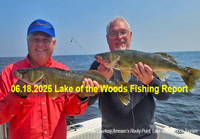 image of 2 walleye anglers holding a pair of walleyes they caught on Lake of the Woods