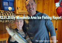 image of father and son ice fishing for walleyes on Shagwa Lake near Ely Minnesota