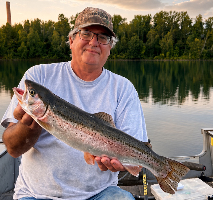 image of angler holding a nice rainbow trout caught in the Ely Minnesota region