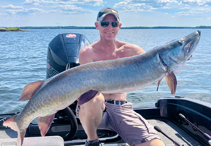 image of man with large musky caught on Lake of the Woods
