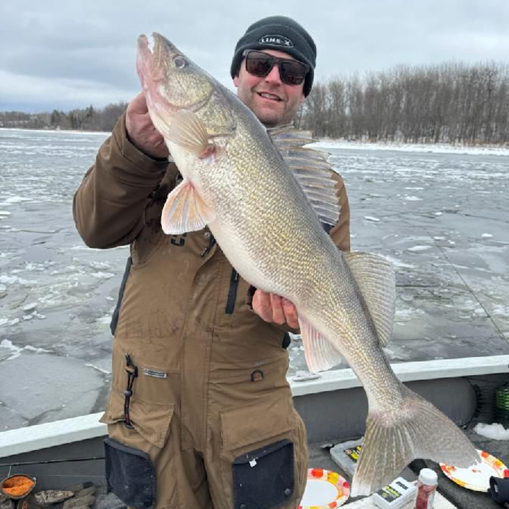 image of Nick Ney holding giant walleye caught on the Rainy River