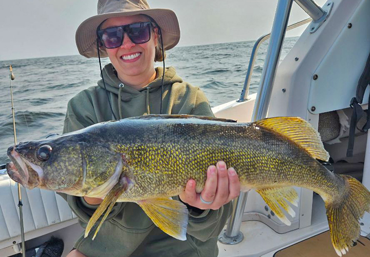 image of woman holding huge walleye she caught on lake of the woods