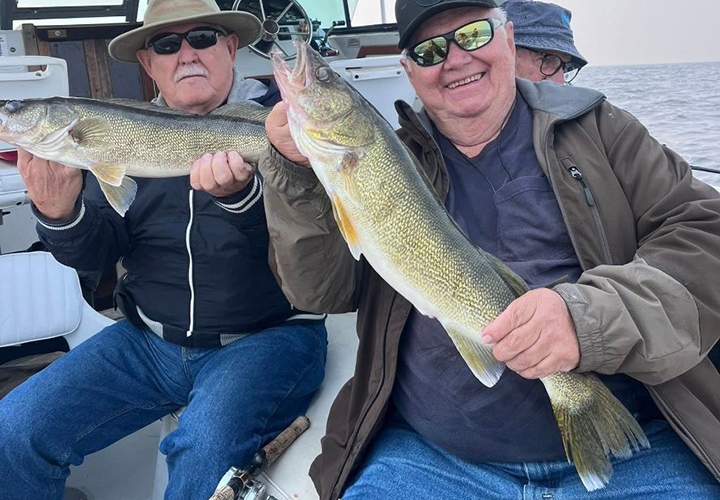 image of 2 anlglers holding walleyes they caught on a Border View Lodge walleye charter